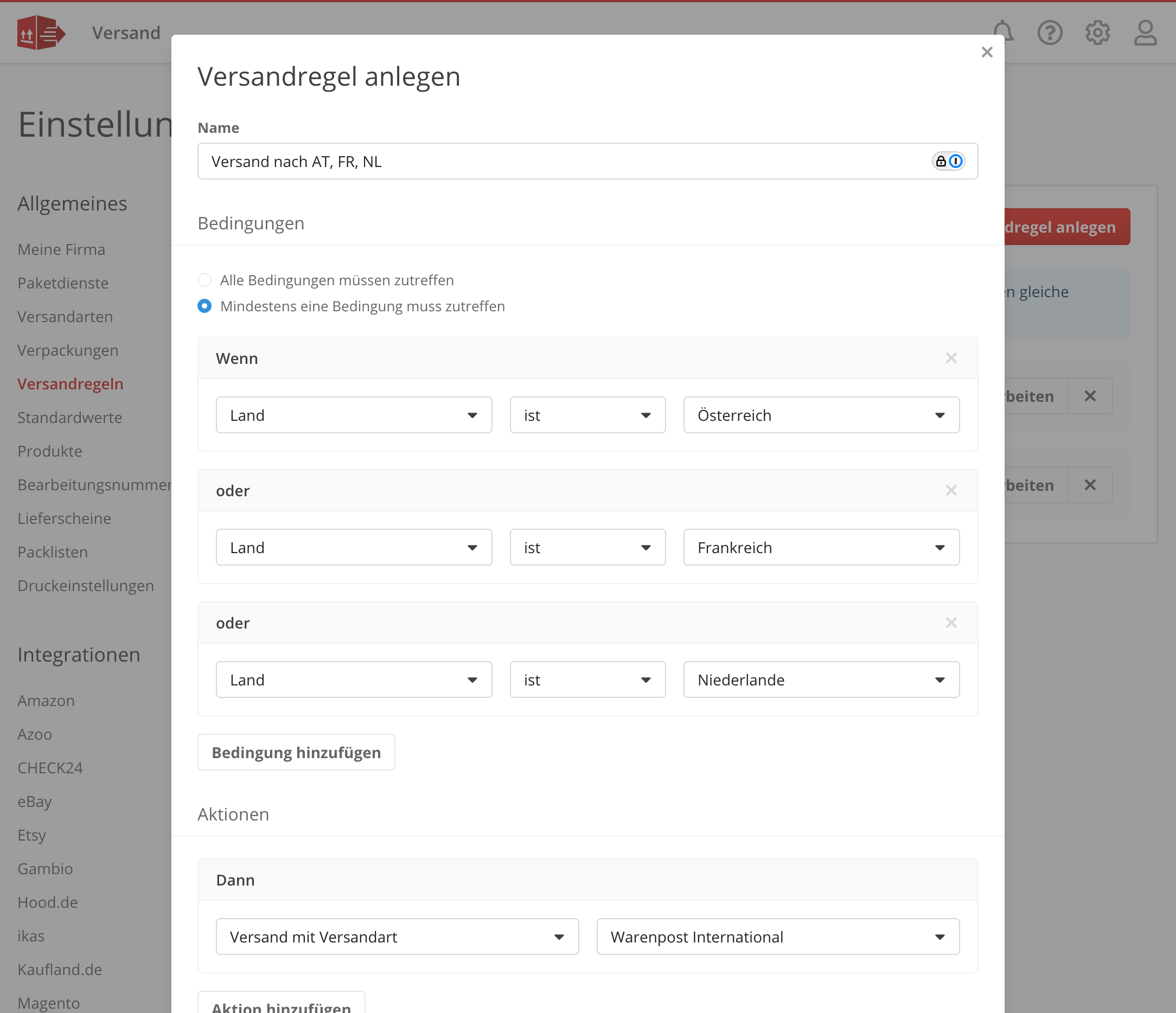 Versandregel für AT, FR und NL