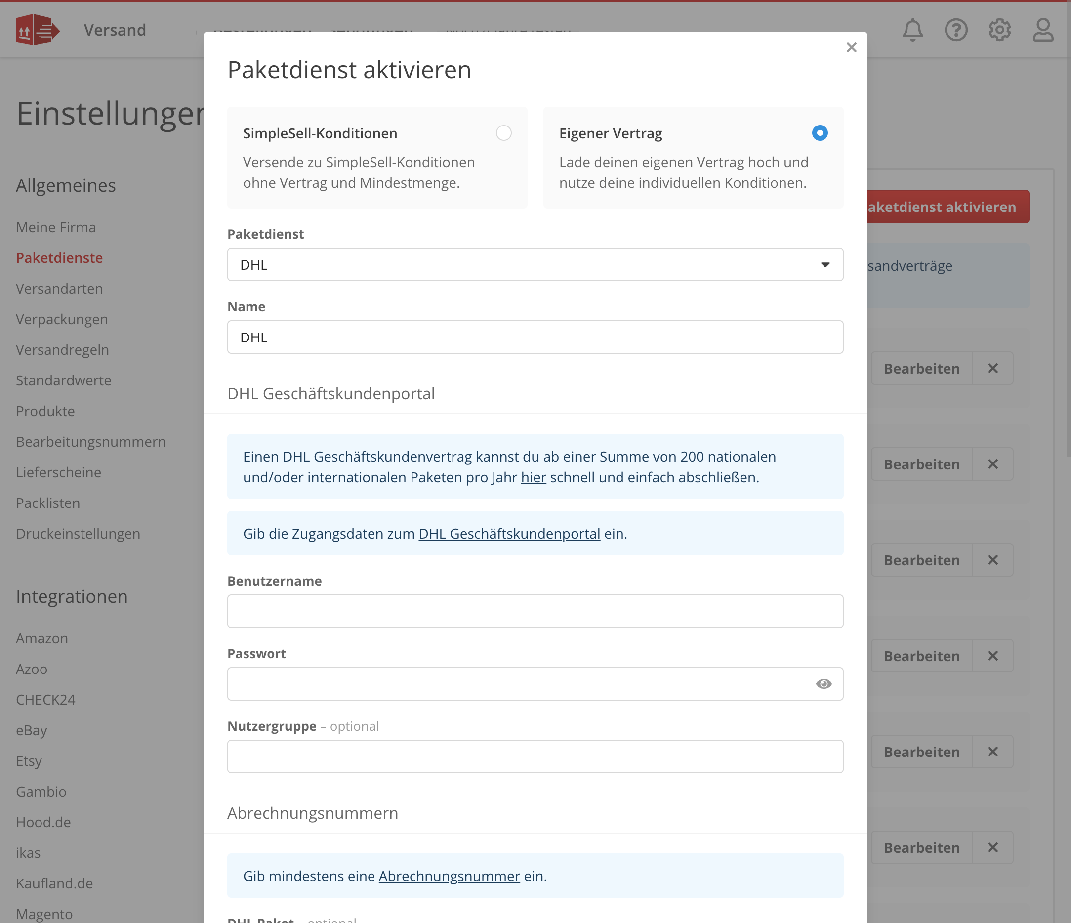 Paketdienst aktivieren