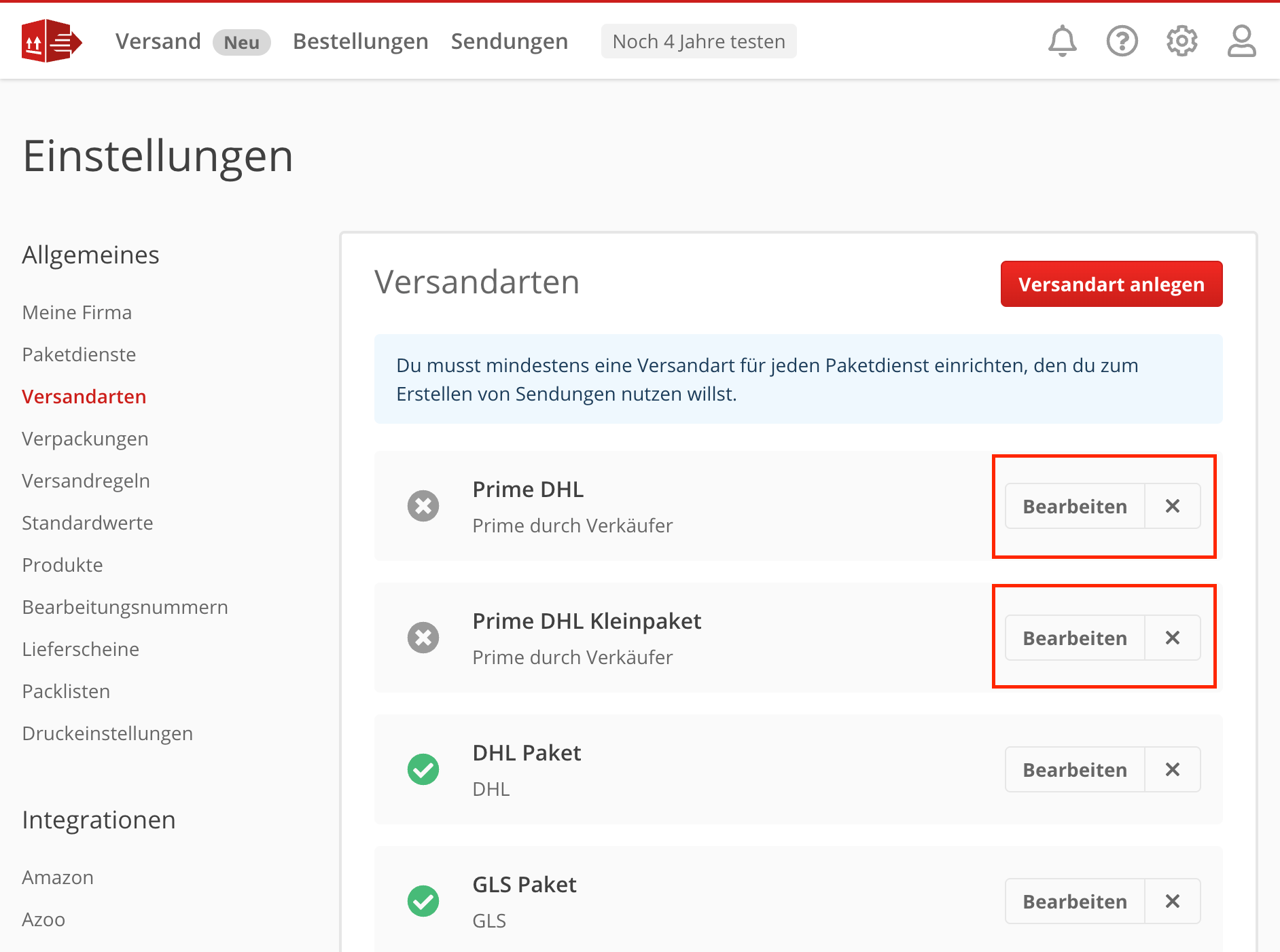 Amazon Prime Versandarten bearbeiten