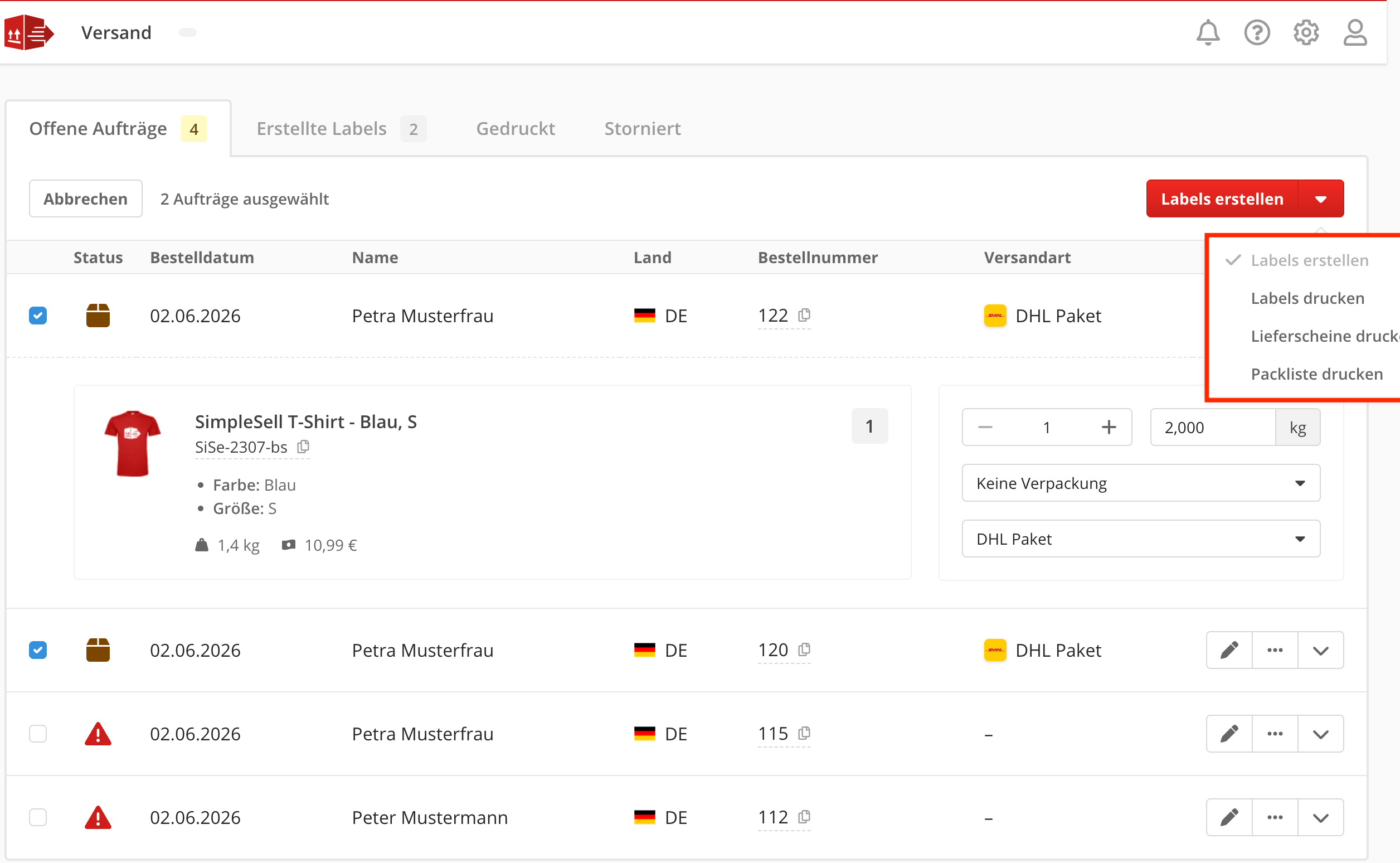 Versandetiketten drucken mit SimpleSell