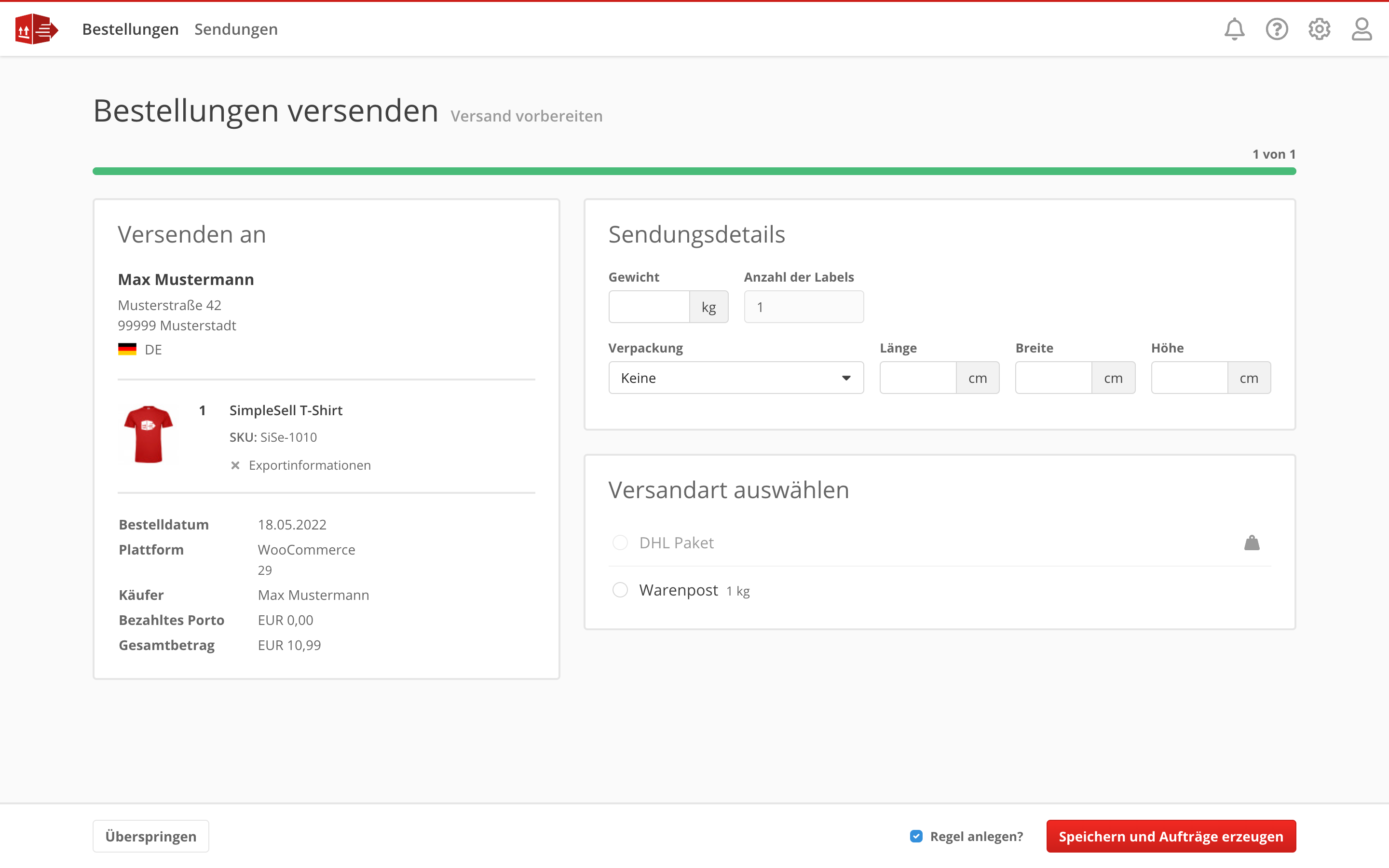SimpleSell Screenshot: Versand vorbereiten